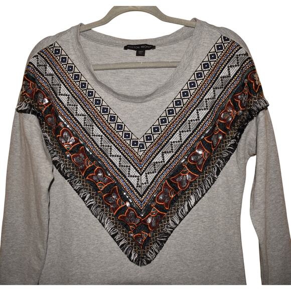 BOSTON PROPER $139 Gray Embellished Sequin Fringe Tunic Shift Dress Boho Small - Picture 3 of 4